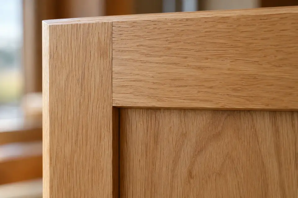 Corner of a shaker door showing the square inside edge and flat recessed panel