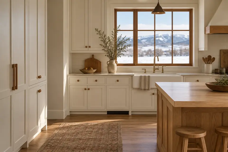 Classic shaker kitchen with warm white doors, white oak island and a farmhouse sink under a window
