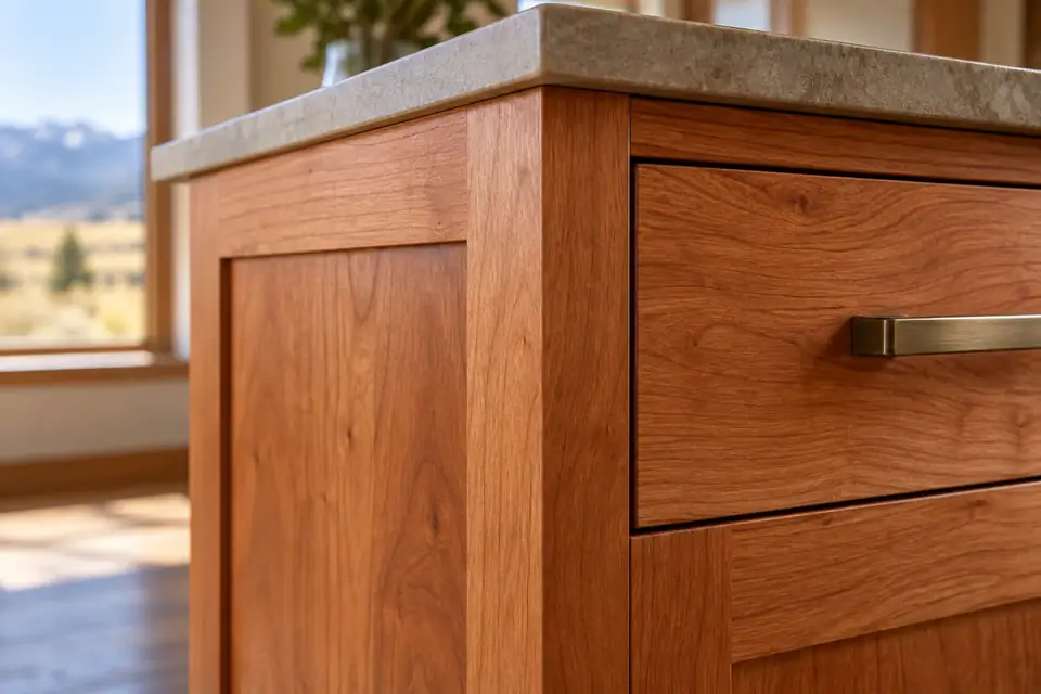 Solid cherry frame-and-panel end panel with matching drawer front and solid edge profile