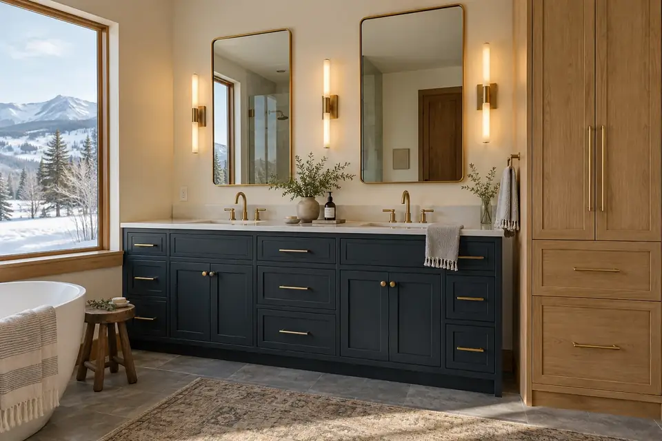 Bathroom with a navy double vanity and a natural white oak linen tower