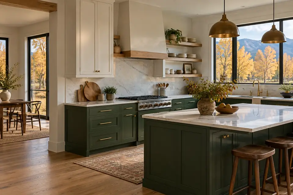 Kitchen with soft white uppers, forest green base cabinets and island, and autumn cottonwoods outside